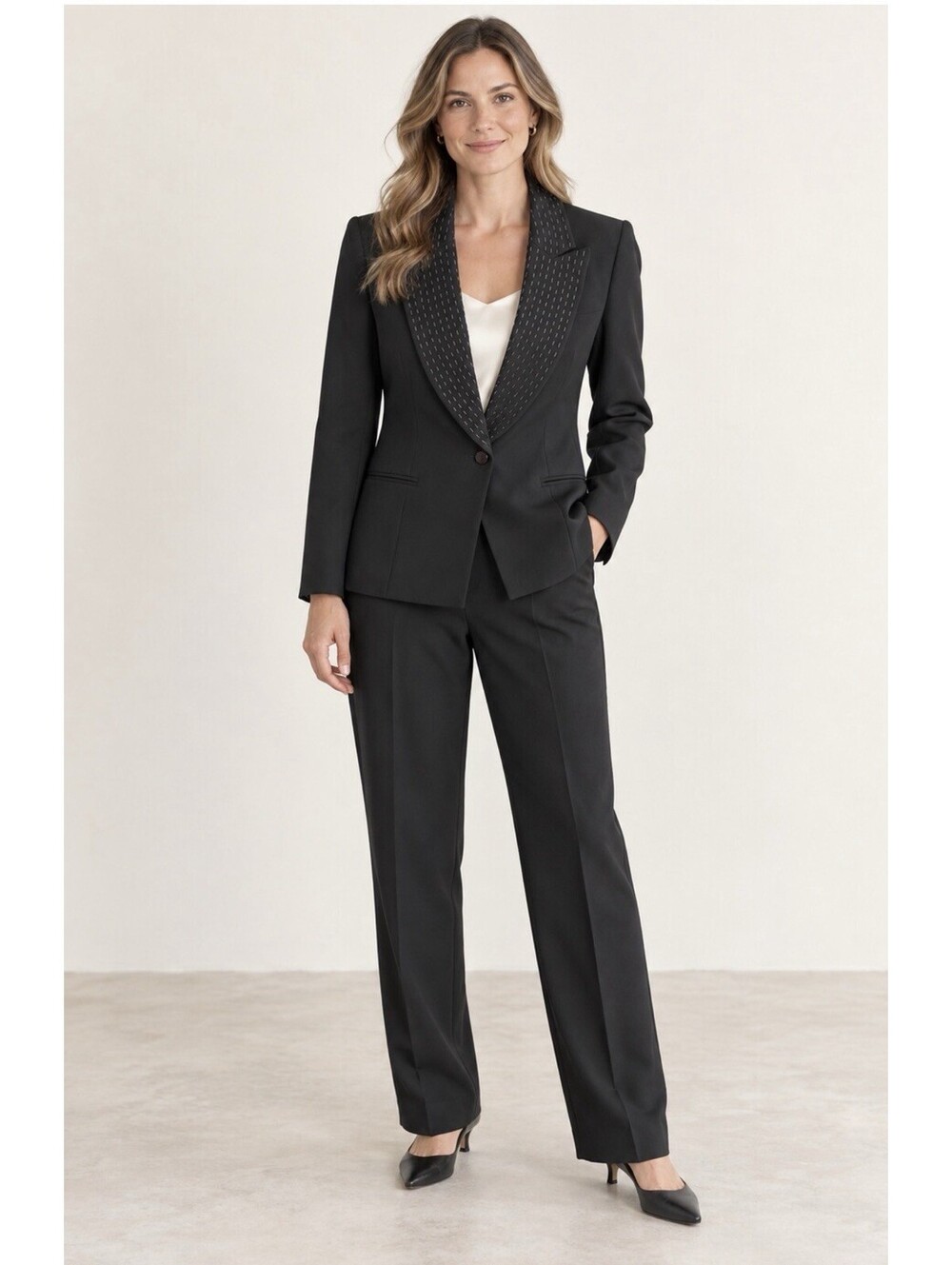 Kasper Womens Black Blazer One Button Pants Suit Size 8 Career Classic Office
